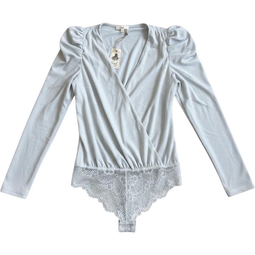 Easel Silver Metallic Shimmer Puff Sleeve Lace Bodysuit Medium NWT
